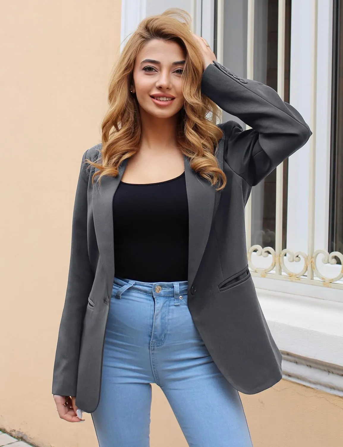 luvamia Dressy Blazers for Women Button Long Sleeve Lapel Business Casual Outfits Office Work Suit Blazer with Pockets
