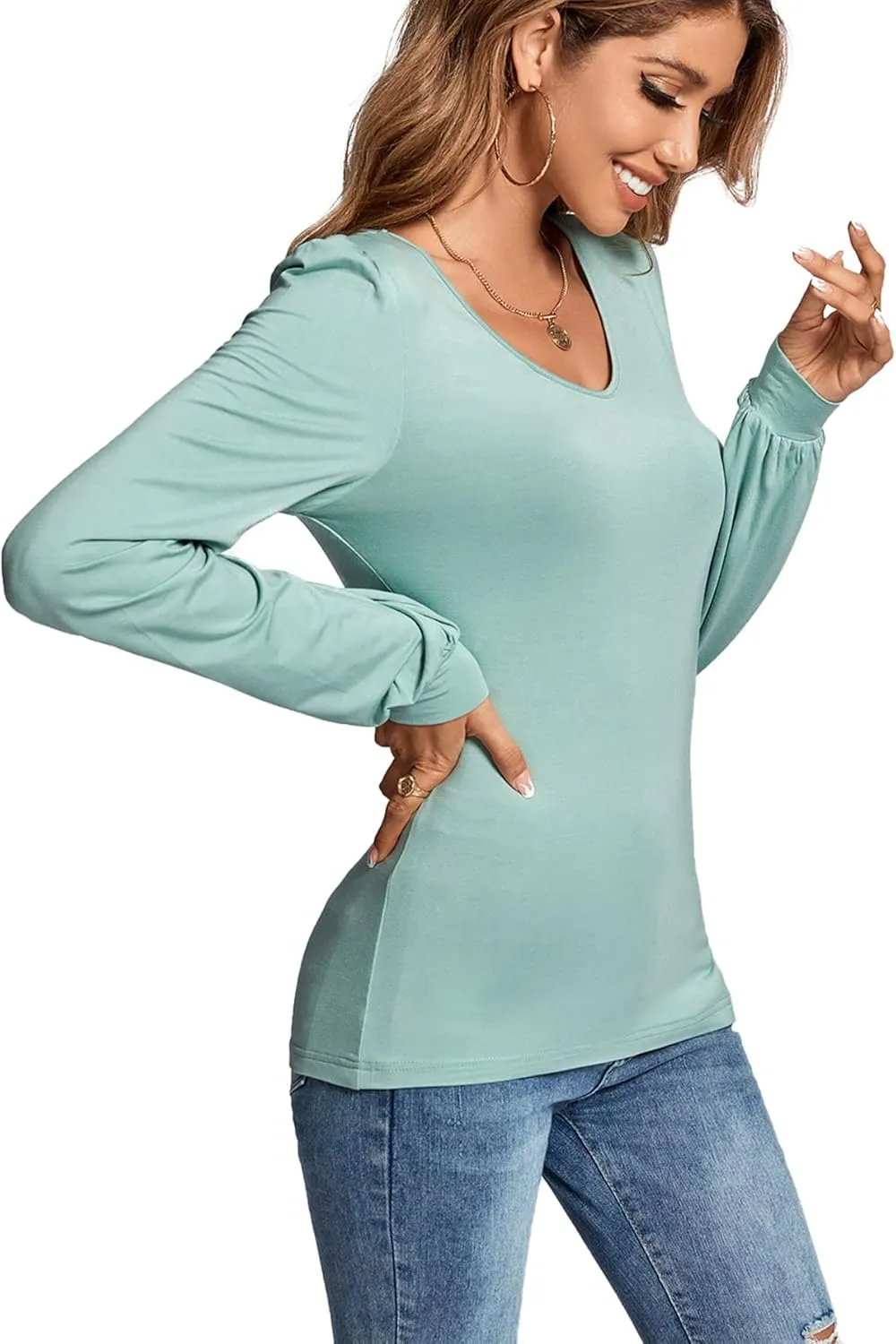 LYANER Women's Scoop Neck Bishop Long Sleeve Basic Solid Slim Fit Blouse Shirt Top