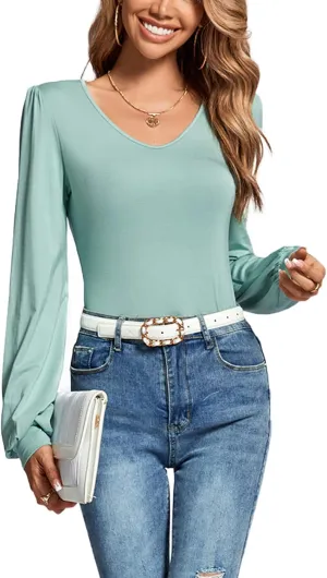 LYANER Women's Scoop Neck Bishop Long Sleeve Basic Solid Slim Fit Blouse Shirt Top