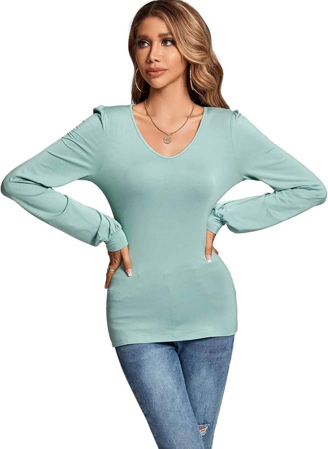 LYANER Women's Scoop Neck Bishop Long Sleeve Basic Solid Slim Fit Blouse Shirt Top