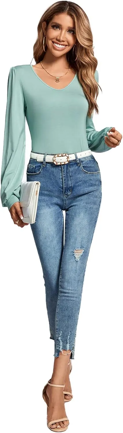 LYANER Women's Scoop Neck Bishop Long Sleeve Basic Solid Slim Fit Blouse Shirt Top