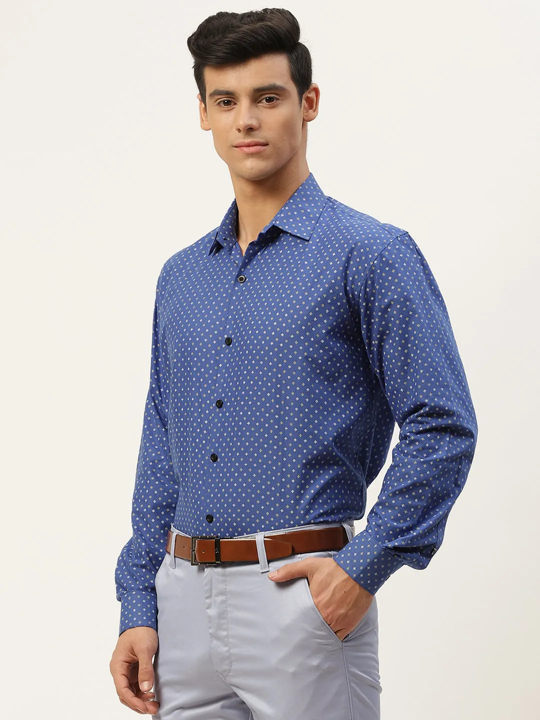Mens Cotton Royal Blue Printed Formal Shirt - Sojanya