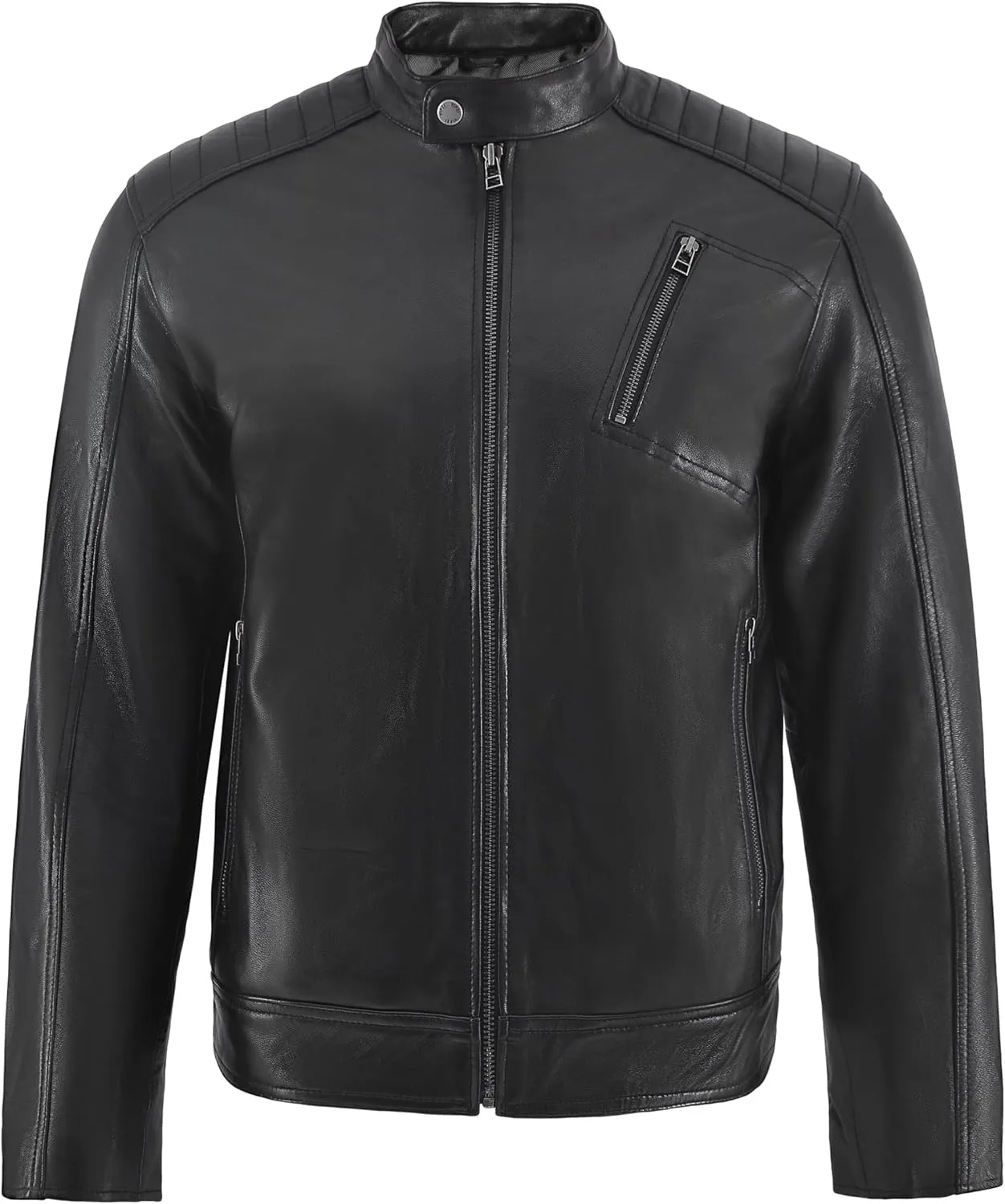 Men's Genuine Lambskin Leather Motorcycle Jacket  Vintage Cafe Racer Style Slim Fit Biker Coat
