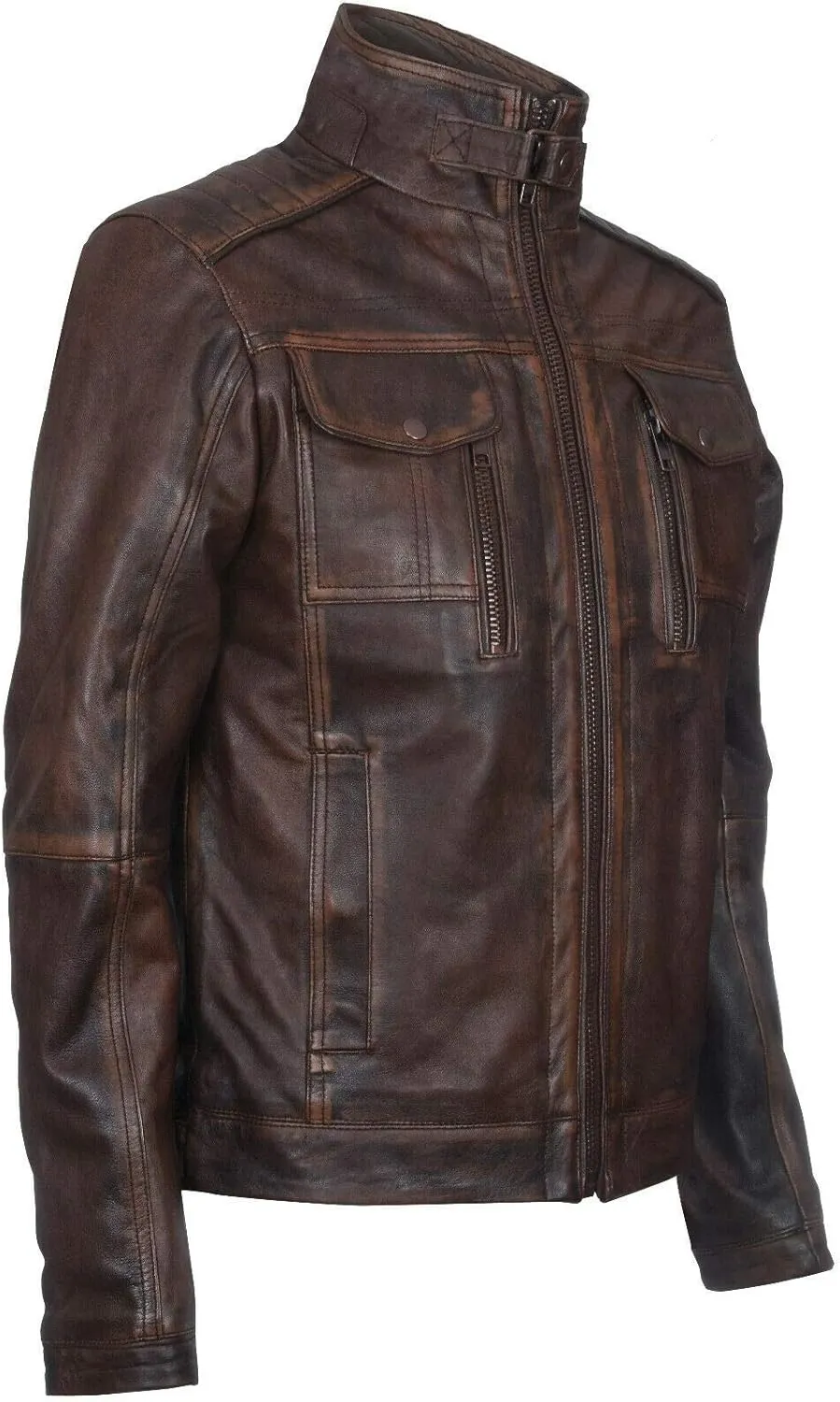 Men's Racer Vintage100% Leather Retro Biker Jacket Distressed Motorcycle