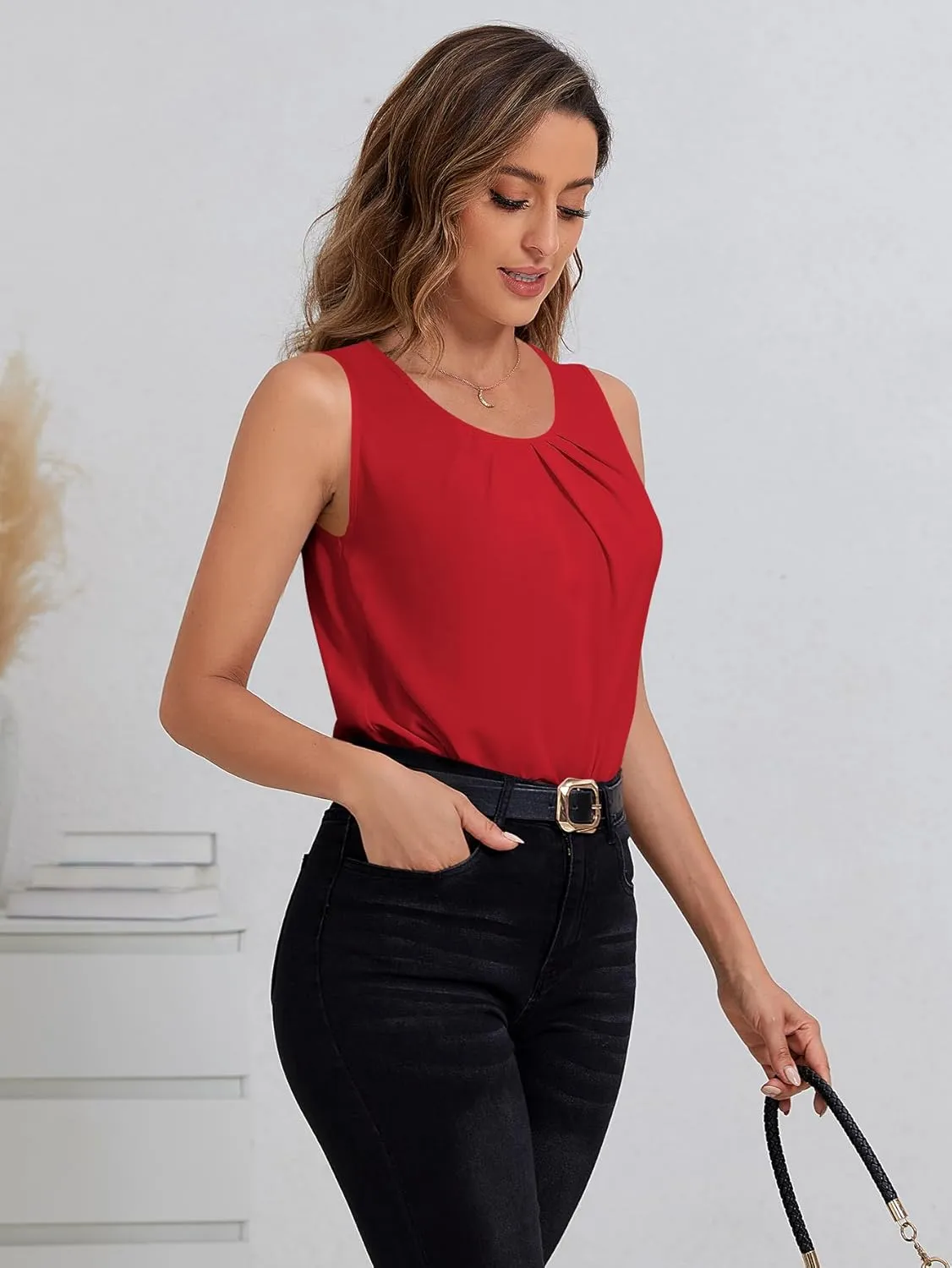 Milumia Women Sleeveless Work Blouses Casual Pleated Tank Tops