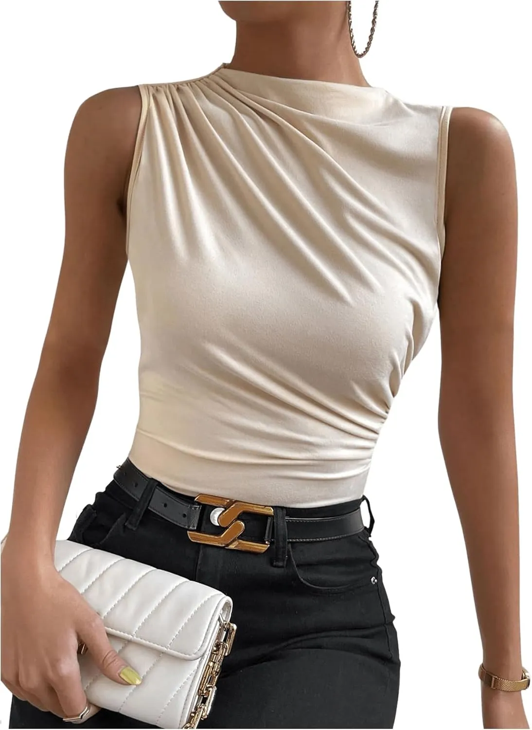 Milumia Women's Casual Ruched Mock Neck Tank Top Sleeveless Slim Fit Work Shirt Tops