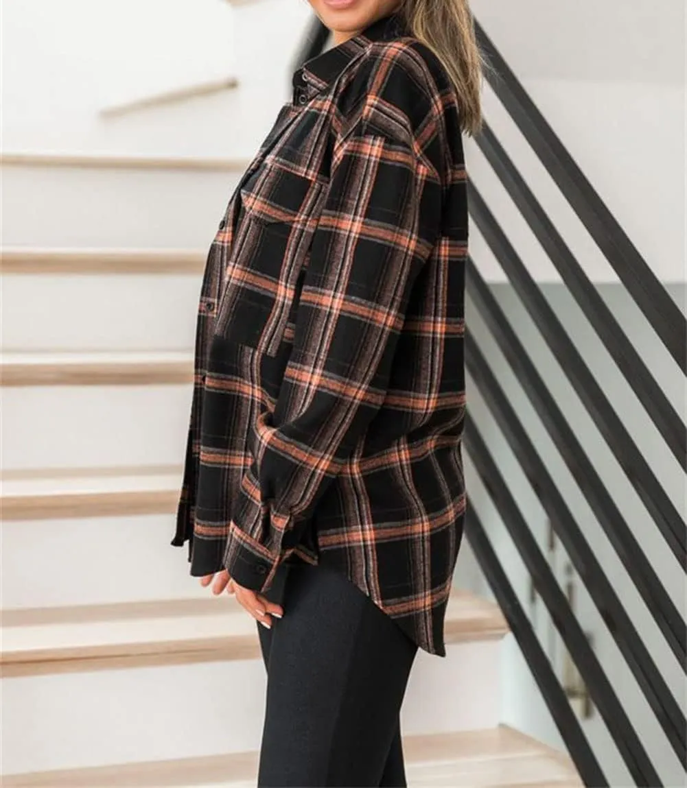 NUOREEL Women's Plaid Flannel Long Sleeve Button-Down Shirt