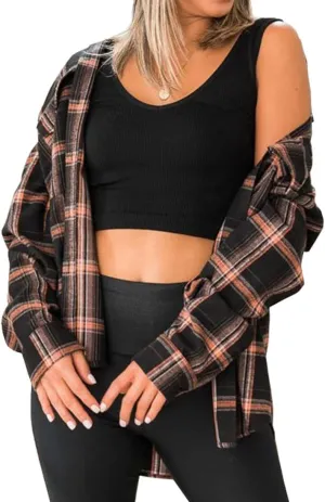NUOREEL Women's Plaid Flannel Long Sleeve Button-Down Shirt