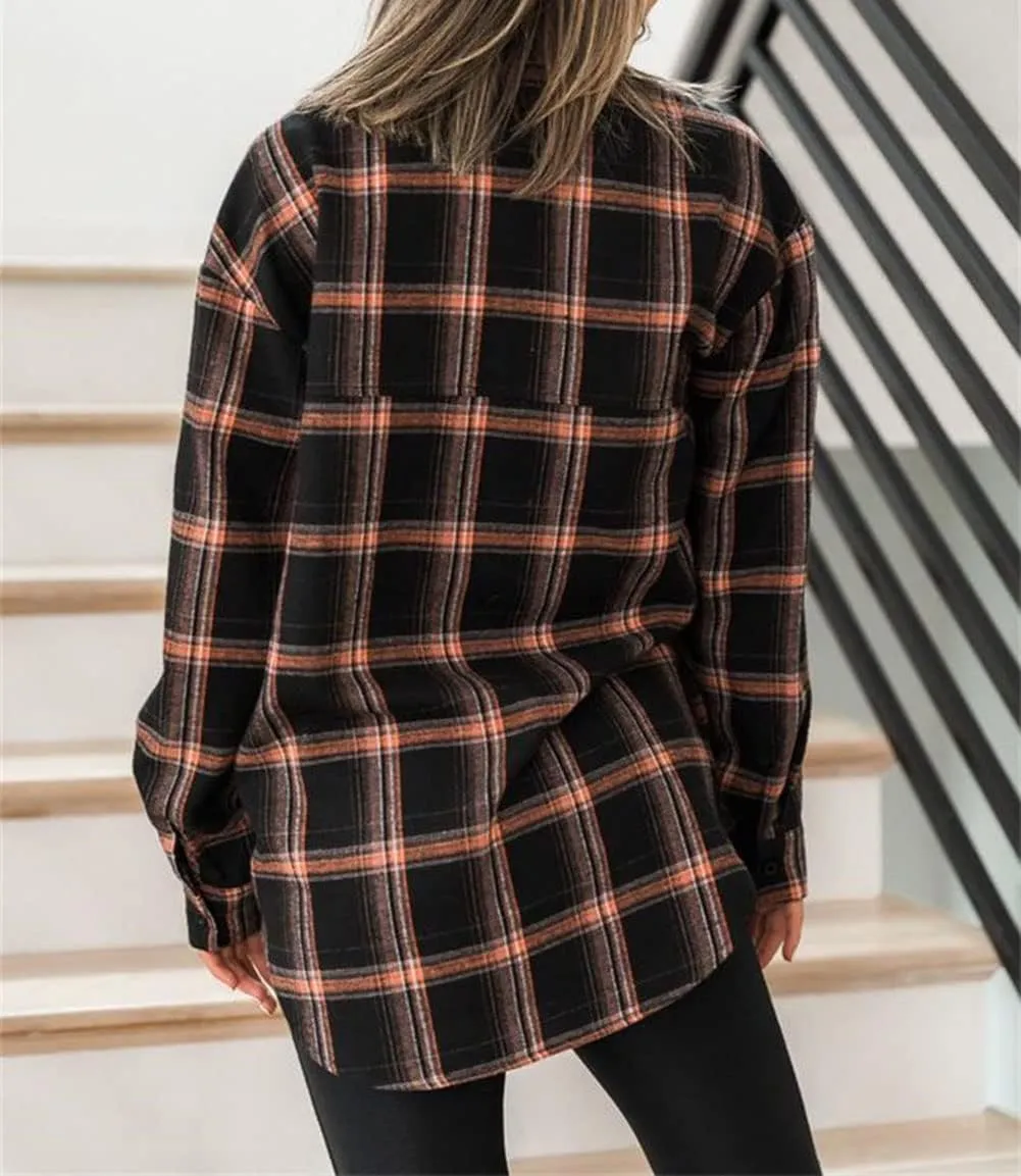 NUOREEL Women's Plaid Flannel Long Sleeve Button-Down Shirt