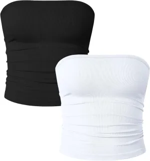 OQQ Womens 2 Piece Tube Tops Strapless Basic Sleeveless Stretch Classic-Fit Shirts Sexy Crop Tops