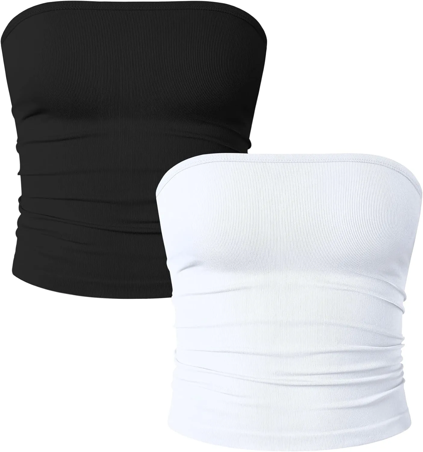 OQQ Womens 2 Piece Tube Tops Strapless Basic Sleeveless Stretch Classic-Fit Shirts Sexy Crop Tops