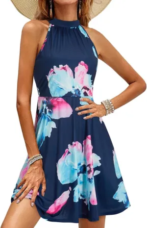 OUGES Women's Halter Neck Floral Summer Casual Sundress