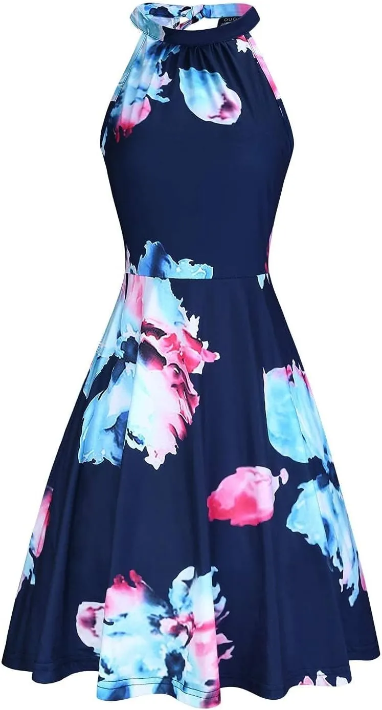 OUGES Women's Halter Neck Floral Summer Casual Sundress