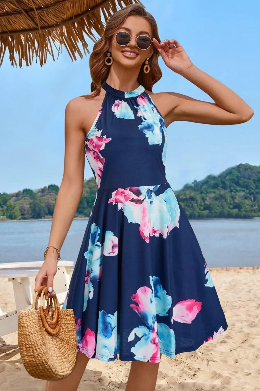 OUGES Women's Halter Neck Floral Summer Casual Sundress