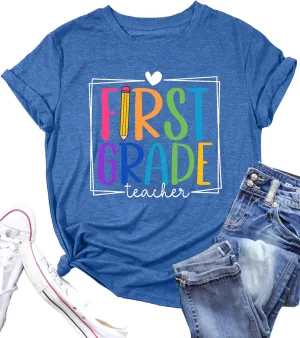 PECHAR Teacher Shirts Women Funny Teach Printed Graphic Tshirt Short Sleeve T-Shirt Blouse Teacher Gifts Tops Tee