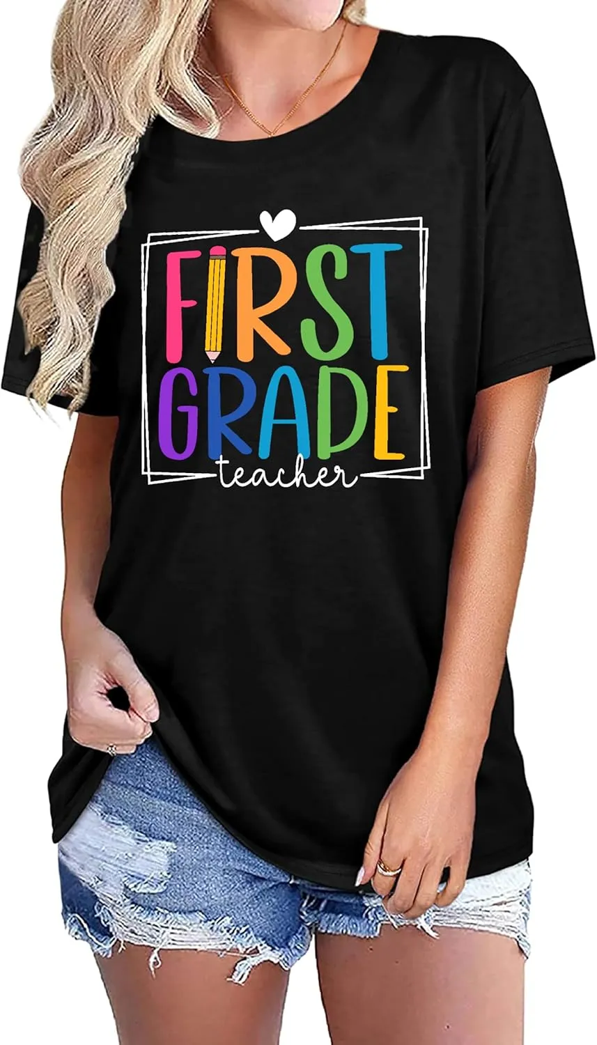 PECHAR Teacher Shirts Women Funny Teach Printed Graphic Tshirt Short Sleeve T-Shirt Blouse Teacher Gifts Tops Tee