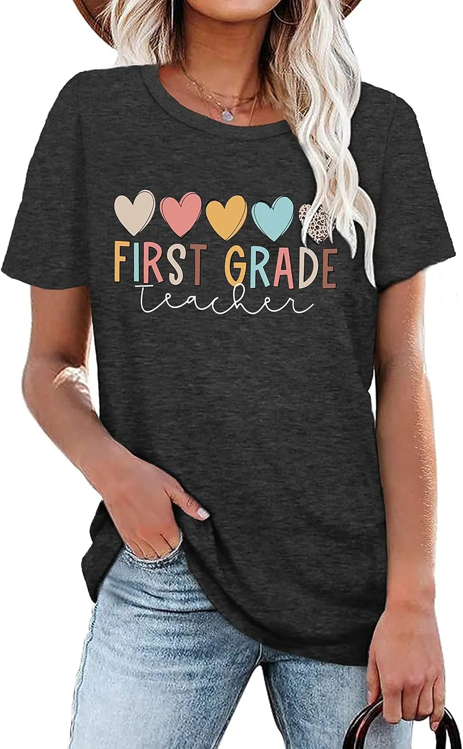 PECHAR Teacher Shirts Women Funny Teach Printed Graphic Tshirt Short Sleeve T-Shirt Blouse Teacher Gifts Tops Tee