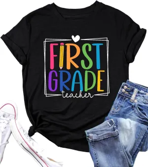 PECHAR Teacher Shirts Women Funny Teach Printed Graphic Tshirt Short Sleeve T-Shirt Blouse Teacher Gifts Tops Tee