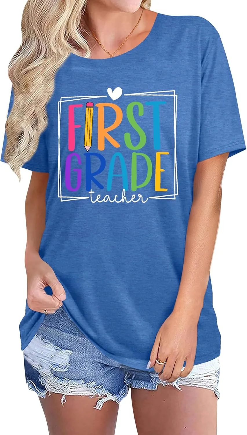 PECHAR Teacher Shirts Women Funny Teach Printed Graphic Tshirt Short Sleeve T-Shirt Blouse Teacher Gifts Tops Tee