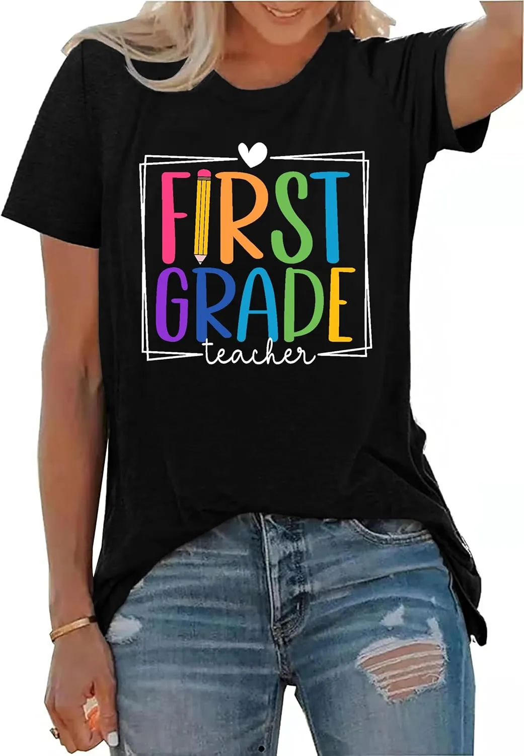 PECHAR Teacher Shirts Women Funny Teach Printed Graphic Tshirt Short Sleeve T-Shirt Blouse Teacher Gifts Tops Tee