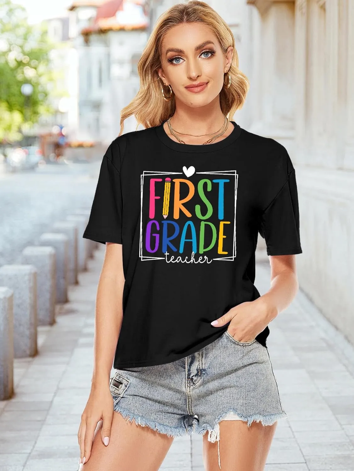 PECHAR Teacher Shirts Women Funny Teach Printed Graphic Tshirt Short Sleeve T-Shirt Blouse Teacher Gifts Tops Tee