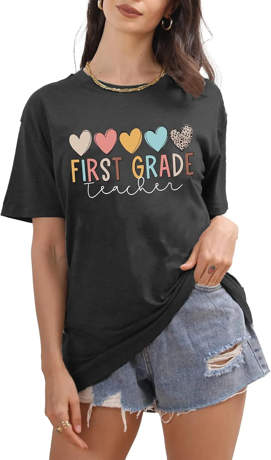 PECHAR Teacher Shirts Women Funny Teach Printed Graphic Tshirt Short Sleeve T-Shirt Blouse Teacher Gifts Tops Tee