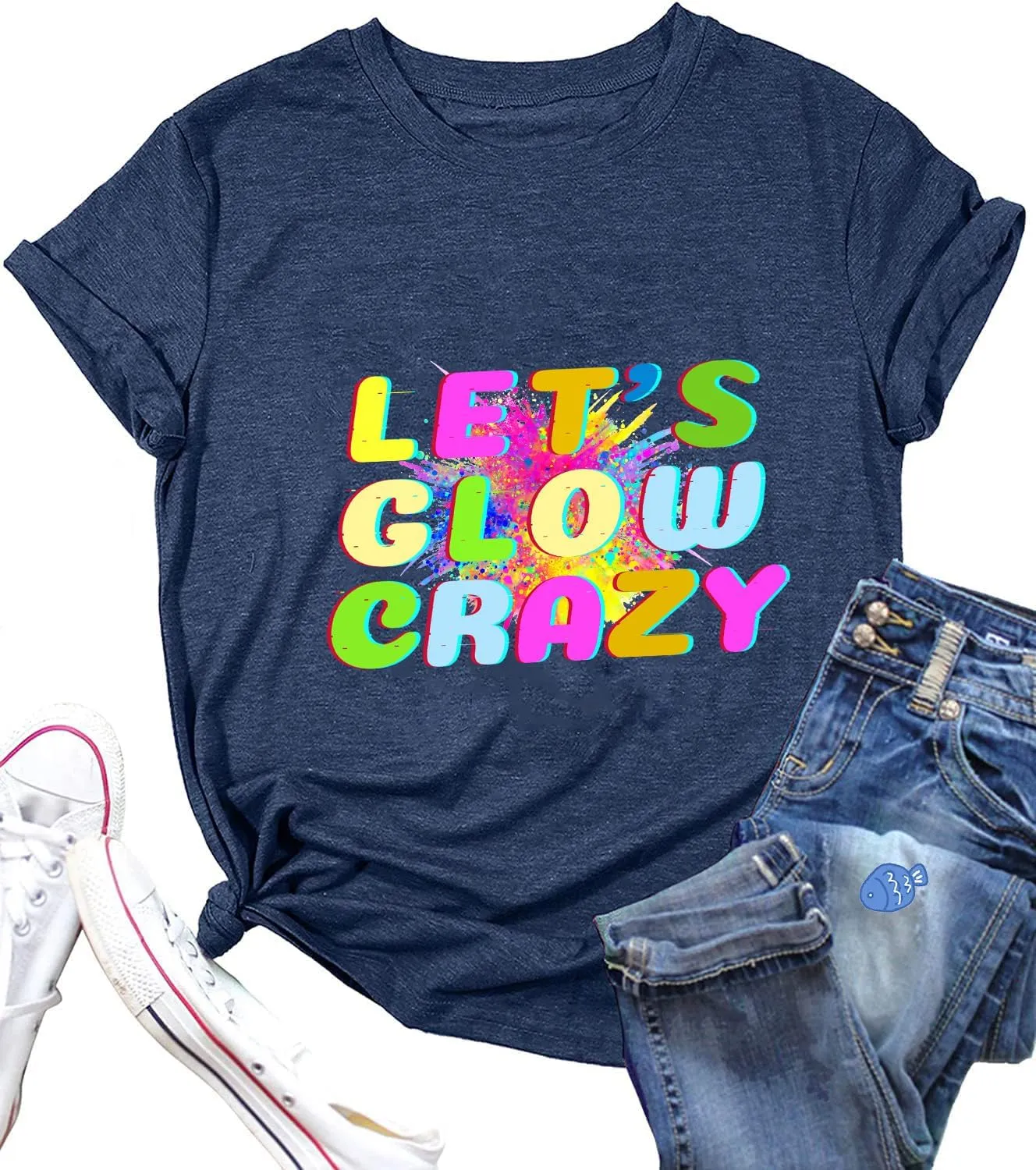 Pingyongchang Let's Glow Crazy Long-Sleeve Shirt for Women 80 90's Vintage Shirt Graphic Top print letters don't glow
