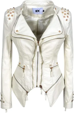 SX Women's Fashion Studded Perfectly Shaping Faux Leather Biker Jacket