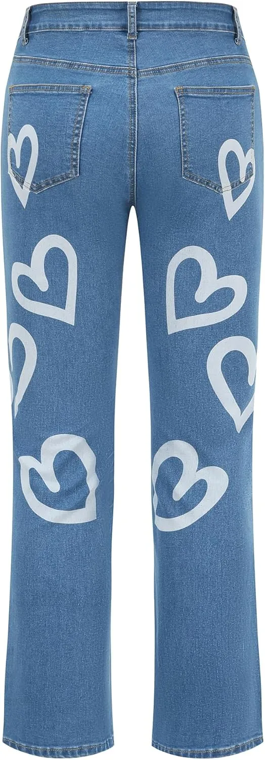 THUNDER STAR Womens Patchwork Straight Leg Jeans Mid Rise Stretch Frayed Denim Pants