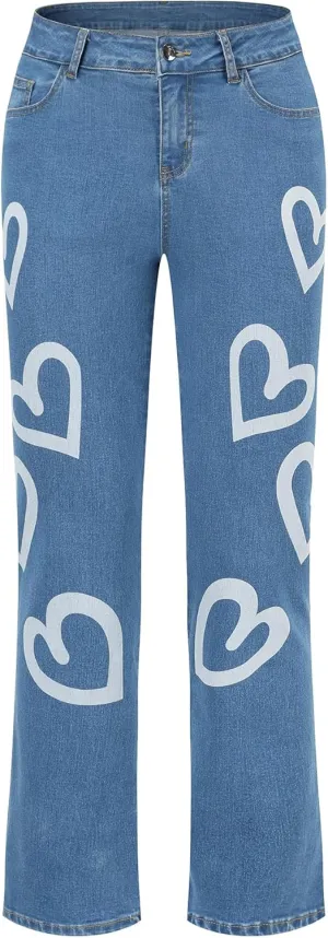 THUNDER STAR Womens Patchwork Straight Leg Jeans Mid Rise Stretch Frayed Denim Pants