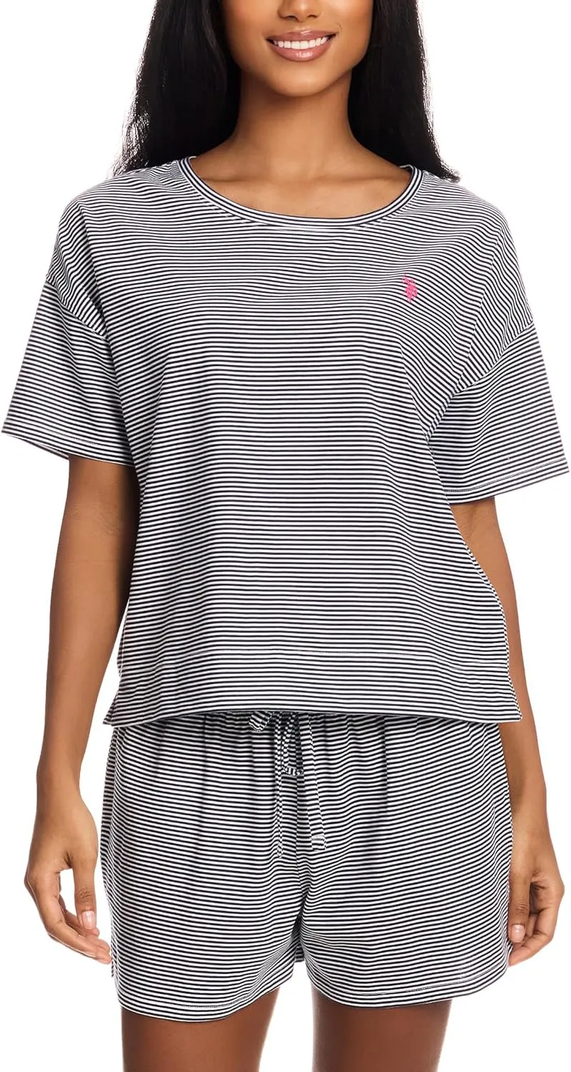 U.S. Polo Assn. Summer Pajamas for Women 2 Piece, Knit Short Sleeve Shirt and Pajama Shorts with Pockets, Womens Lounge Set
