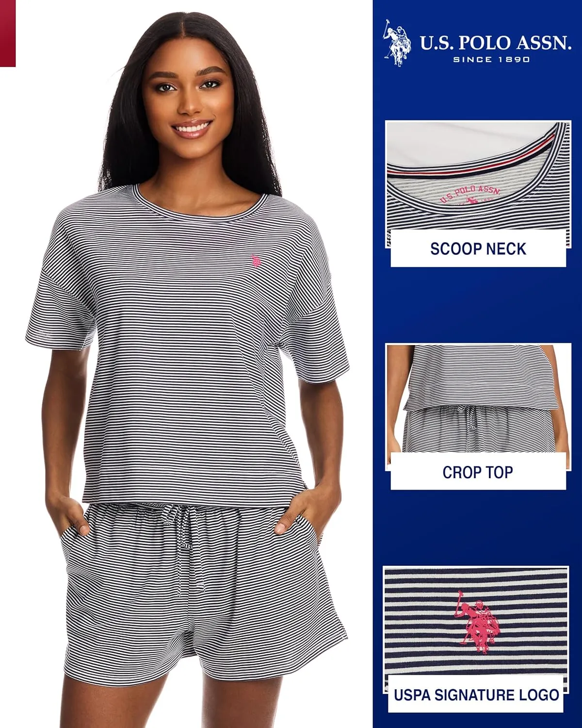 U.S. Polo Assn. Summer Pajamas for Women 2 Piece, Knit Short Sleeve Shirt and Pajama Shorts with Pockets, Womens Lounge Set