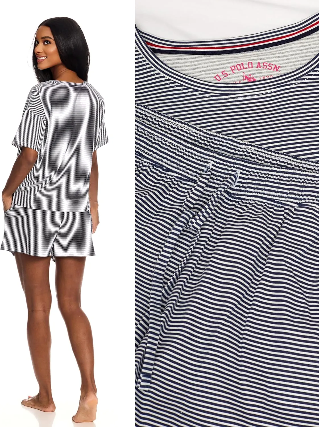 U.S. Polo Assn. Summer Pajamas for Women 2 Piece, Knit Short Sleeve Shirt and Pajama Shorts with Pockets, Womens Lounge Set