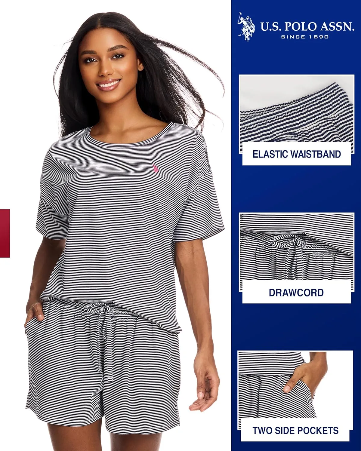 U.S. Polo Assn. Summer Pajamas for Women 2 Piece, Knit Short Sleeve Shirt and Pajama Shorts with Pockets, Womens Lounge Set