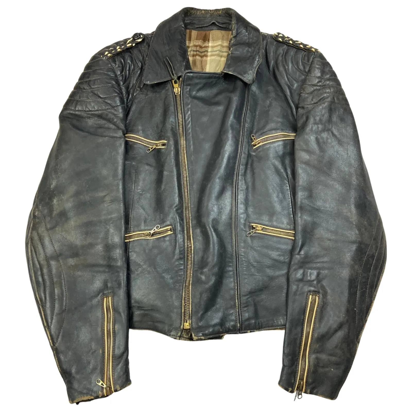 VTG 1960s HEAVY LEATHER BIKER JACKET LINED MULTI ZIP MOTORCYCLE ROCKER 36” S