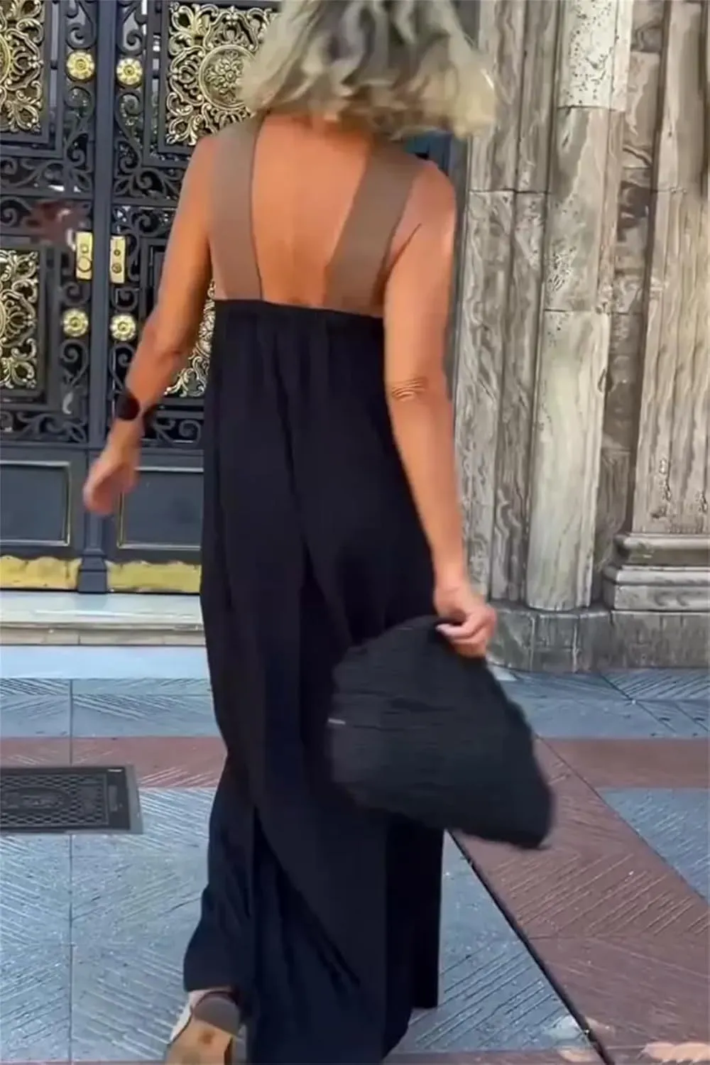 Women's Cross Halter Neck Sleeveless Stitching Dress, Trendy Causal Summer Beach Long Dress