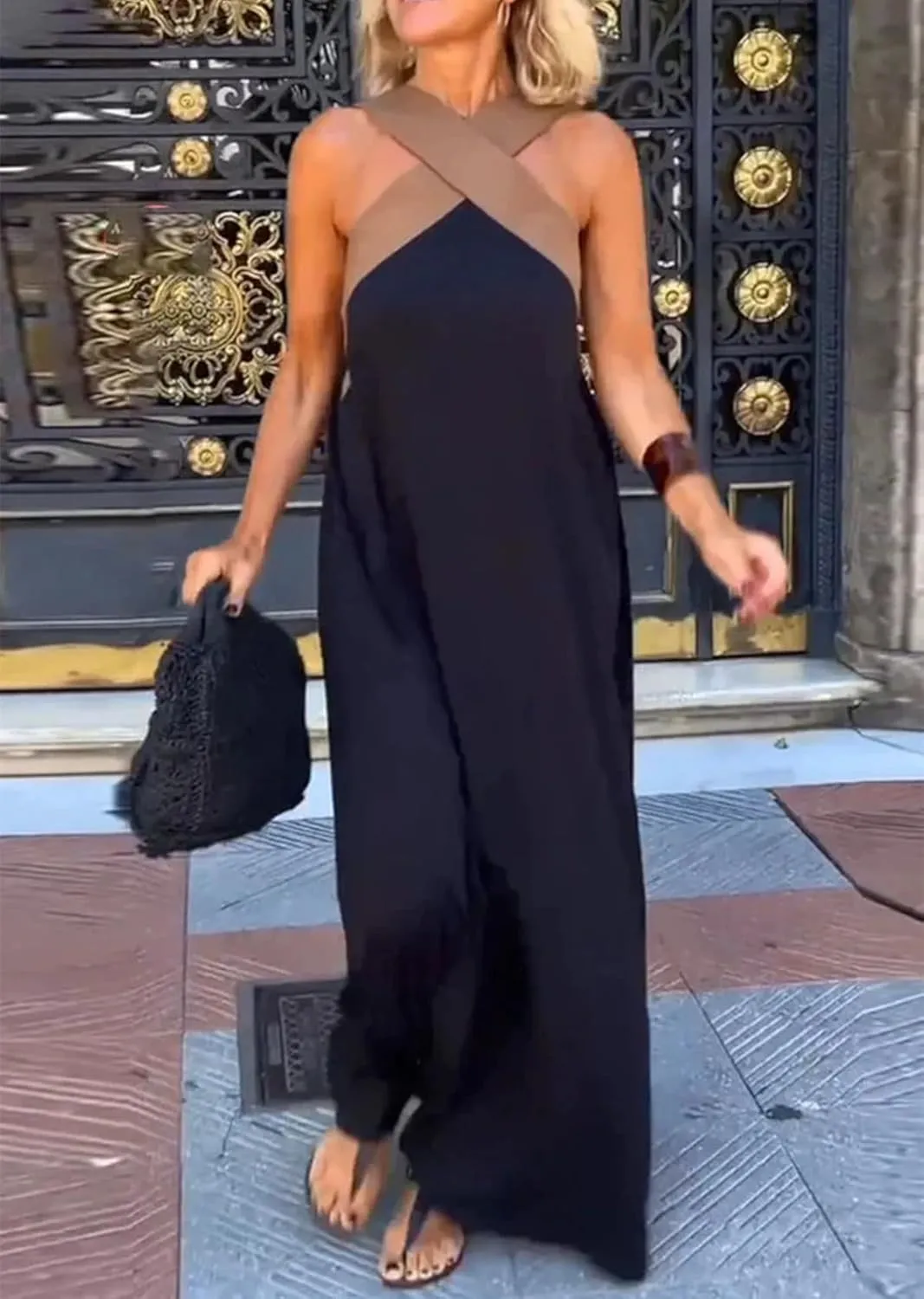 Women's Cross Halter Neck Sleeveless Stitching Dress, Trendy Causal Summer Beach Long Dress