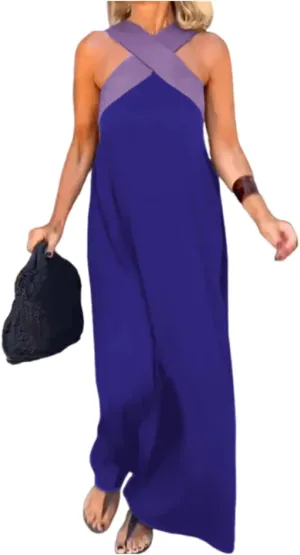 Women's Cross Halter Neck Sleeveless Stitching Dress, Trendy Causal Summer Beach Long Dress