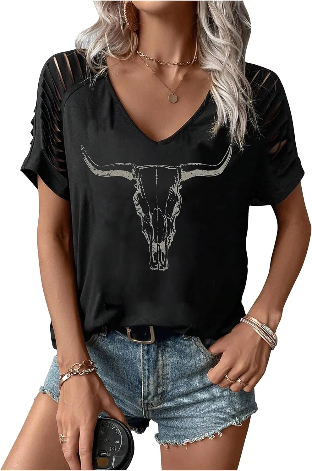 Womens Cut Out Cold Shoulder T Shirts Boho Floral Graphic Tshirts Nashville Country Lacerated Sleeve Cowgirls Tee Tops