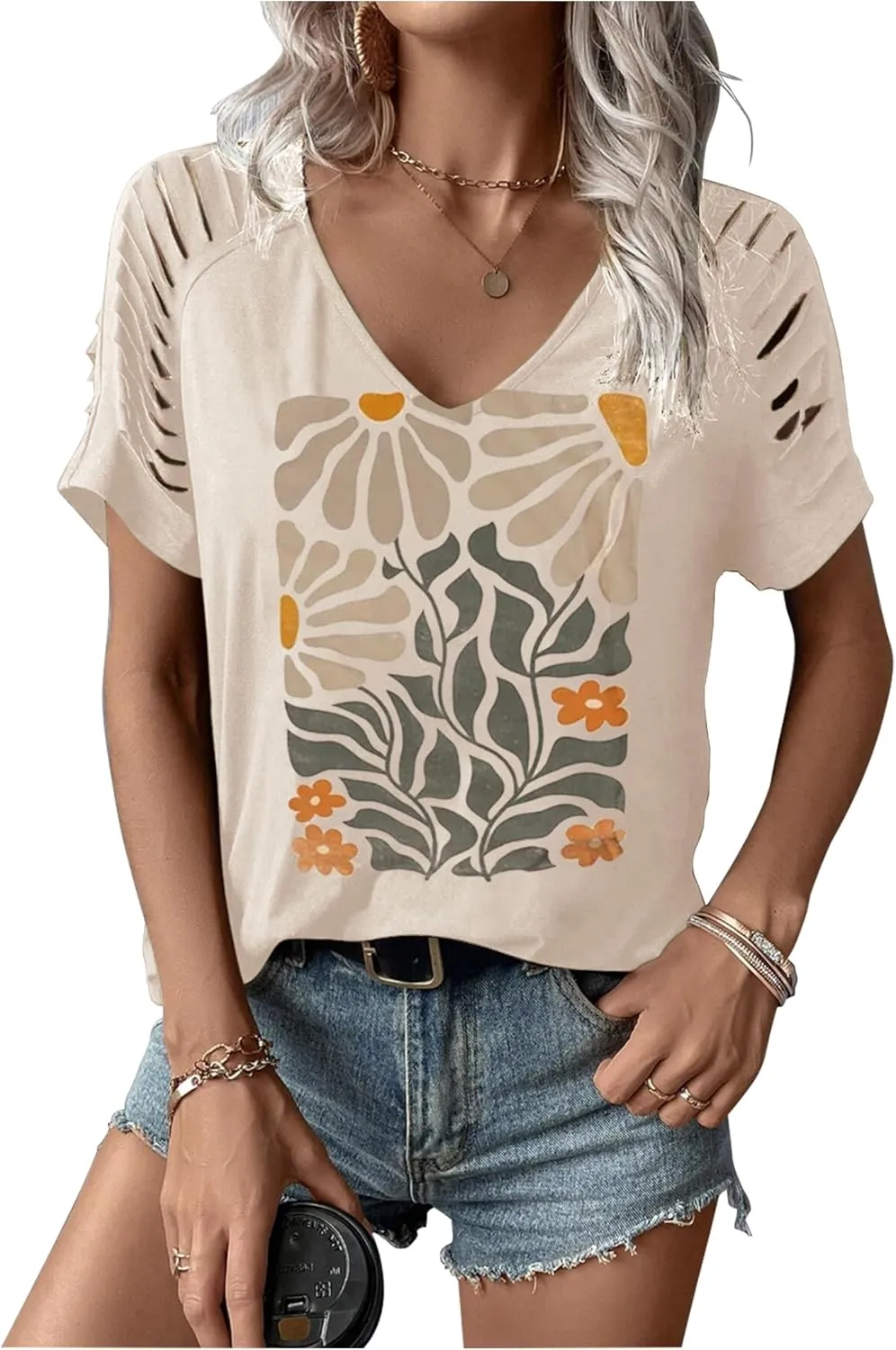 Womens Cut Out Cold Shoulder T Shirts Boho Floral Graphic Tshirts Nashville Country Lacerated Sleeve Cowgirls Tee Tops