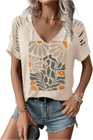 Womens Cut Out Cold Shoulder T Shirts Boho Floral Graphic Tshirts Nashville Country Lacerated Sleeve Cowgirls Tee Tops