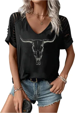 Womens Cut Out Cold Shoulder T Shirts Boho Floral Graphic Tshirts Nashville Country Lacerated Sleeve Cowgirls Tee Tops