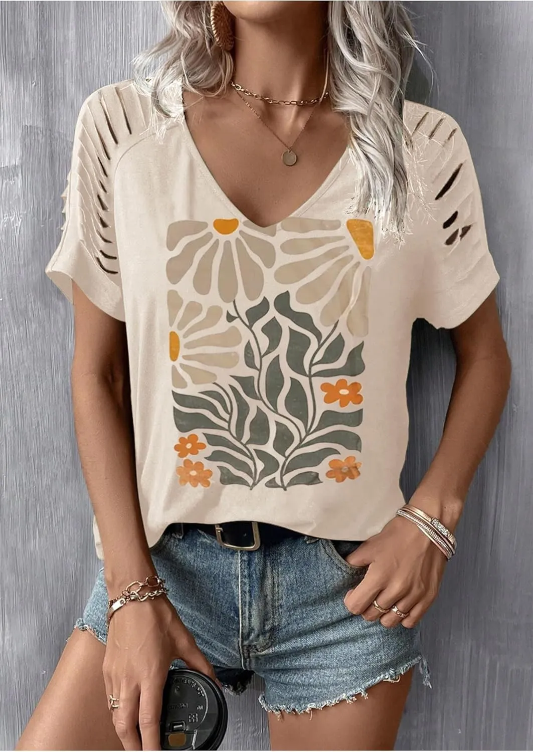 Womens Cut Out Cold Shoulder T Shirts Boho Floral Graphic Tshirts Nashville Country Lacerated Sleeve Cowgirls Tee Tops