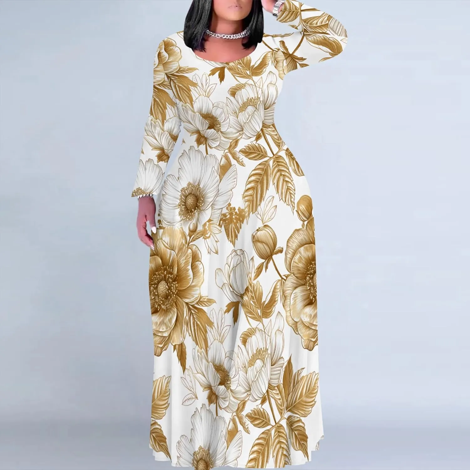 Women's Plus Size Long Sleeve Maxi Dresses T Shirt Boho Sundress Fall Dress with Pockets