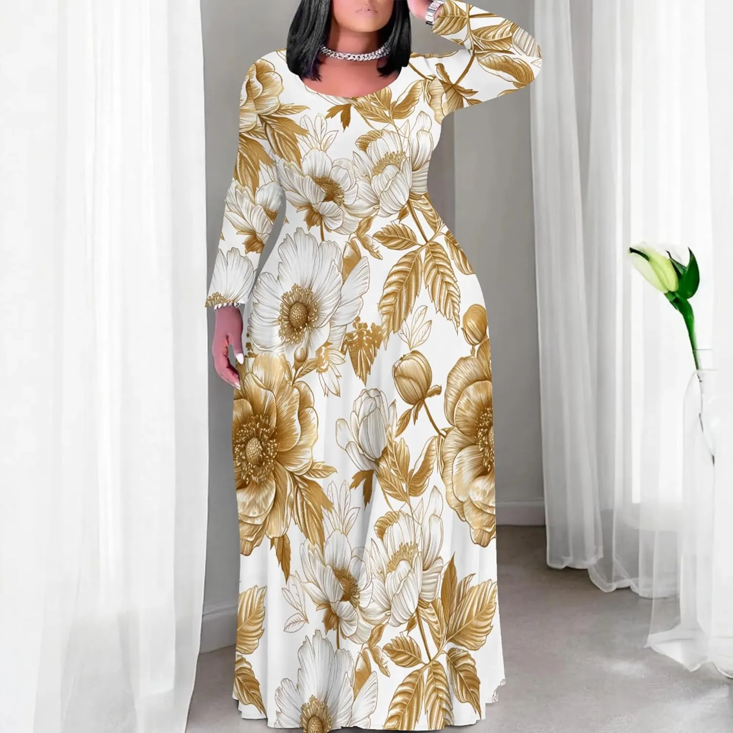 Women's Plus Size Long Sleeve Maxi Dresses T Shirt Boho Sundress Fall Dress with Pockets