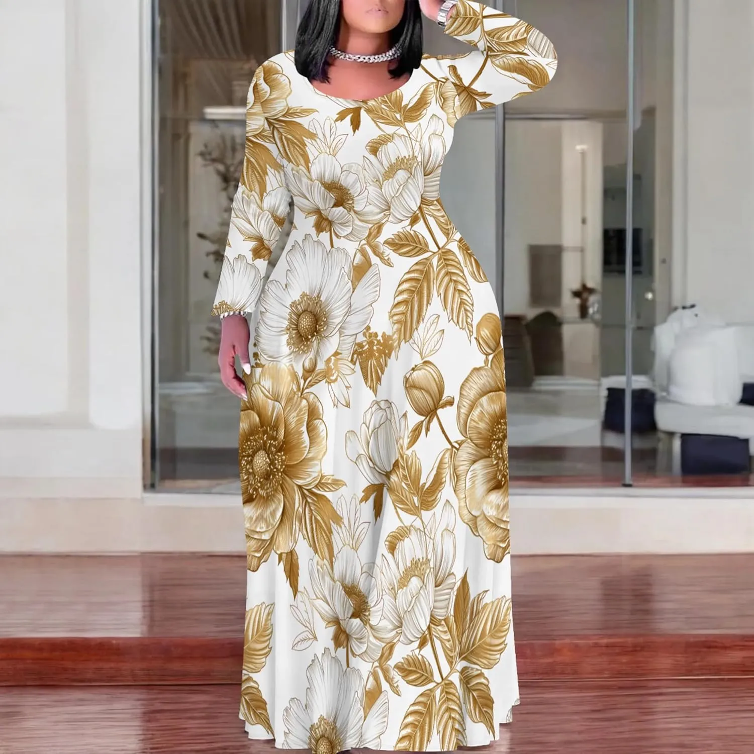 Women's Plus Size Long Sleeve Maxi Dresses T Shirt Boho Sundress Fall Dress with Pockets