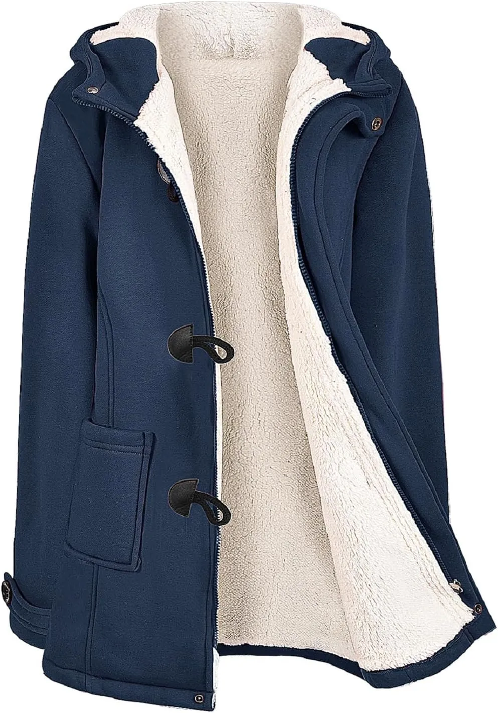 Womens Sherpa Lined Coats Winter Warm Fashion Horn Button Fleece Thicken Hooded Casual Jackets Long Sleeve Outerwear