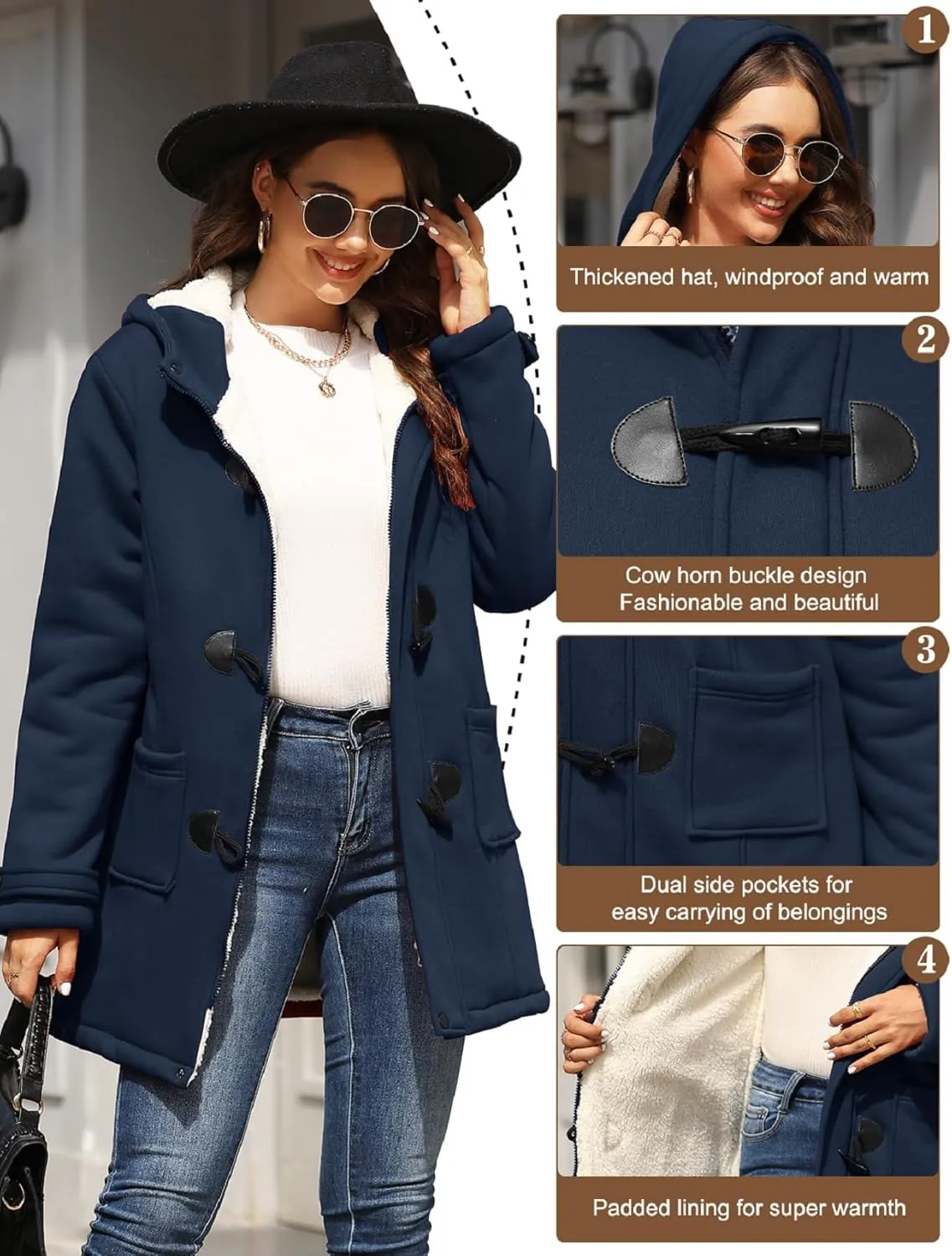 Womens Sherpa Lined Coats Winter Warm Fashion Horn Button Fleece Thicken Hooded Casual Jackets Long Sleeve Outerwear