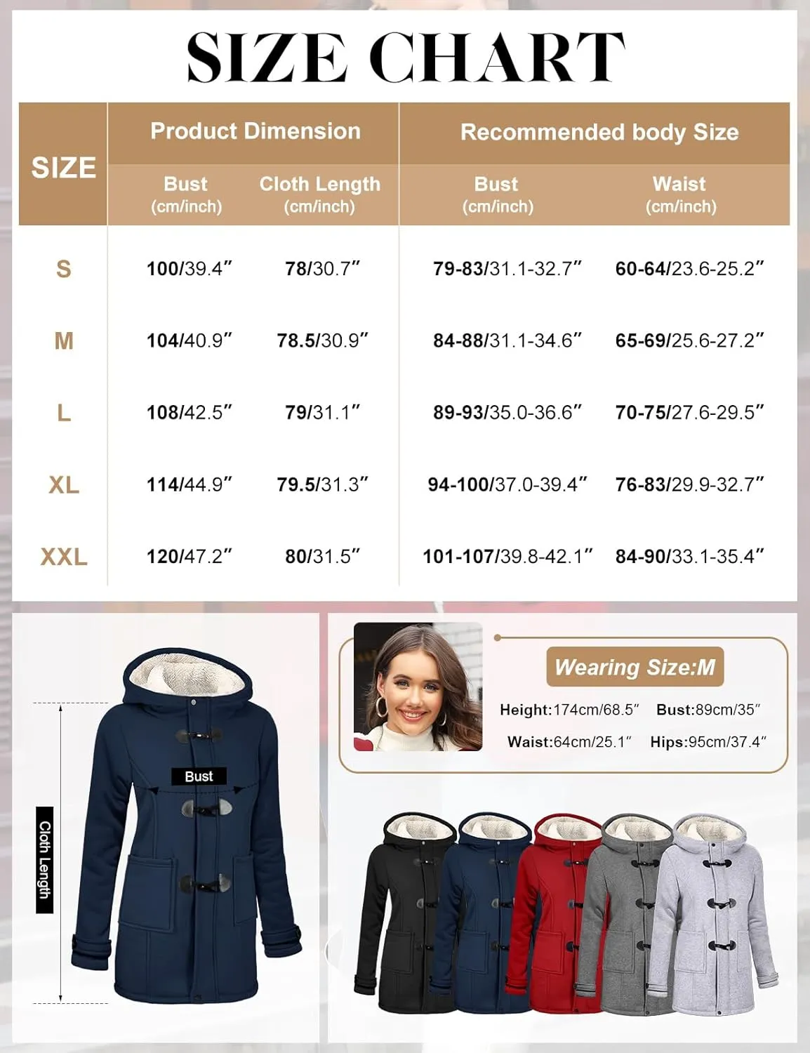 Womens Sherpa Lined Coats Winter Warm Fashion Horn Button Fleece Thicken Hooded Casual Jackets Long Sleeve Outerwear