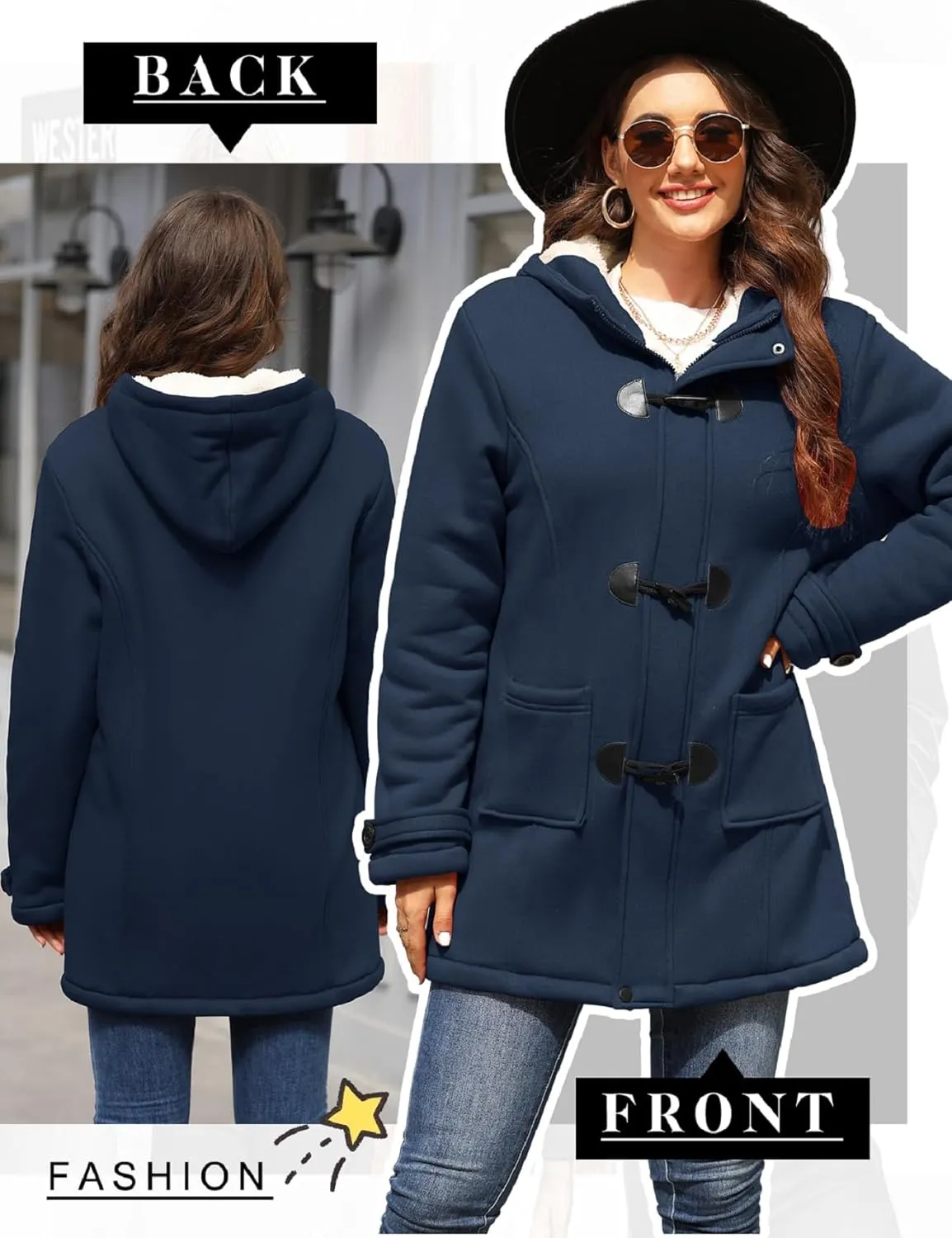 Womens Sherpa Lined Coats Winter Warm Fashion Horn Button Fleece Thicken Hooded Casual Jackets Long Sleeve Outerwear